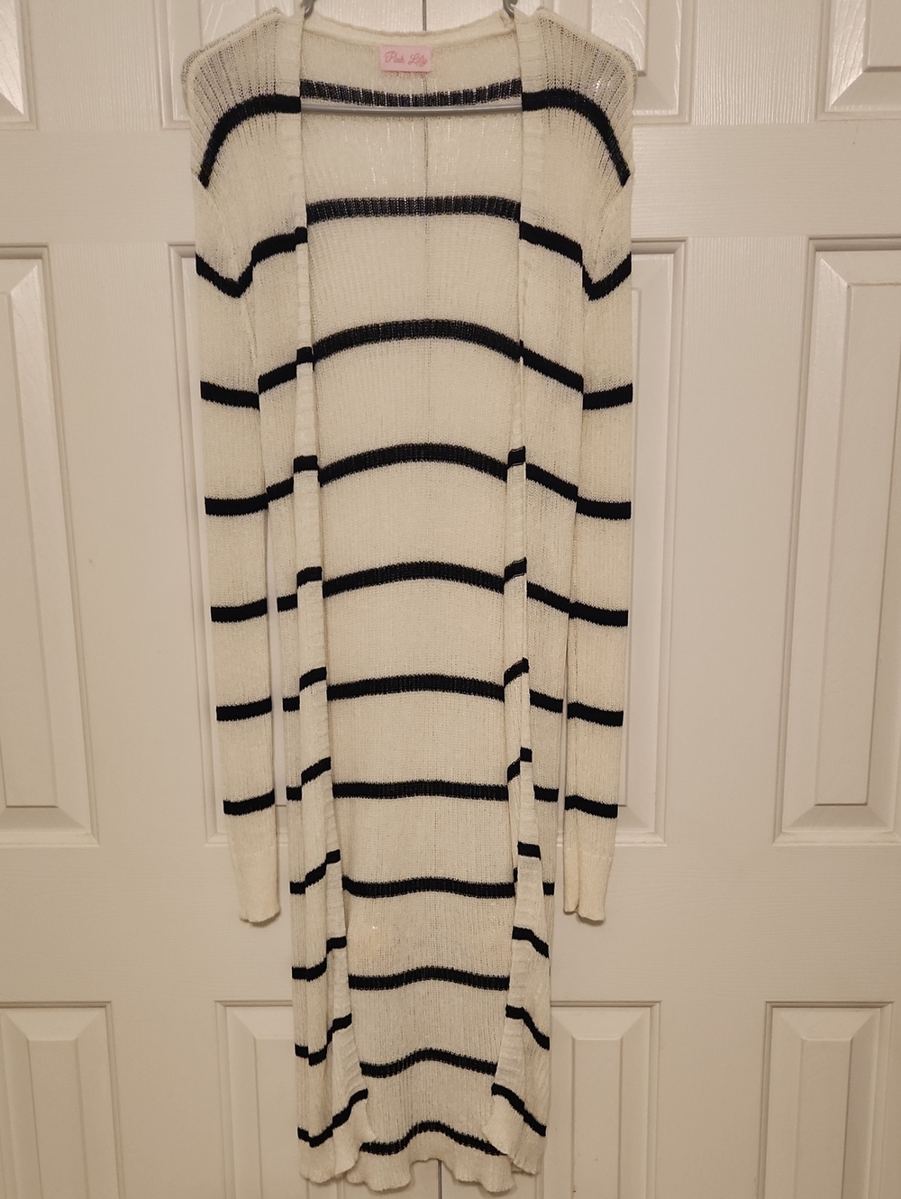 Pink Lily Ivory and Black Striped Open-Front Duster Cardigan